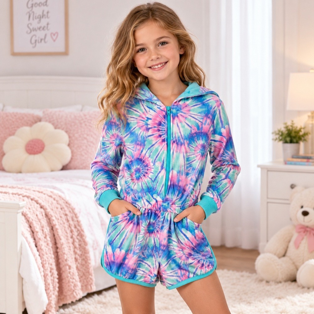 More Than Magic Girls S 6 6X Tie Dye Hooded Romper Pajamas Zip Sleepwear